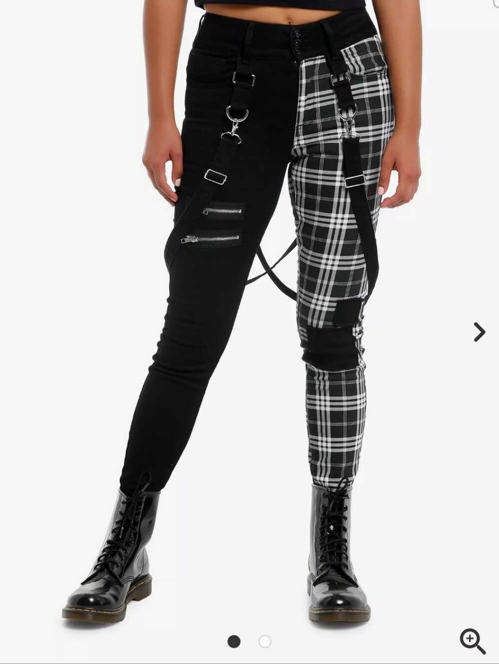 Hot Topic Black Plaid Split Suspender Skinny Jeans Size 3 EUC